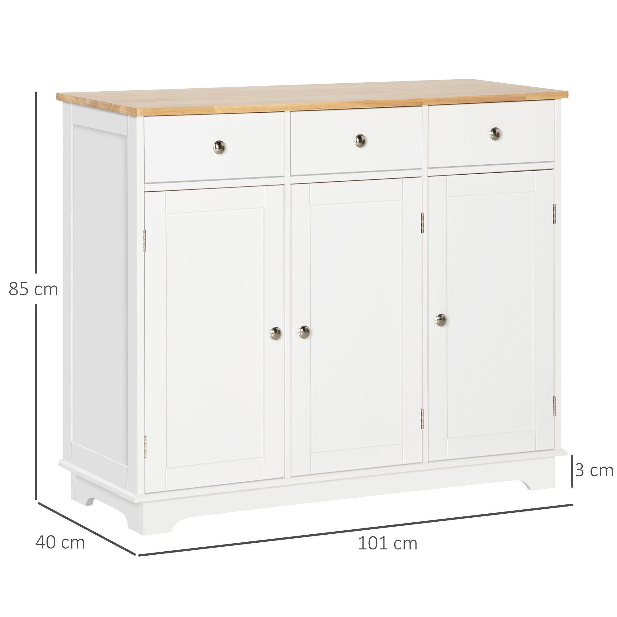 HOMCOM Sideboard with Rubber Wood Top, Modern Storage Cabinet, Kitchen Cupboard with 3 Doors, 3 Drawers and 3 Adjustable Shelves for Dining Room, Living Room, White